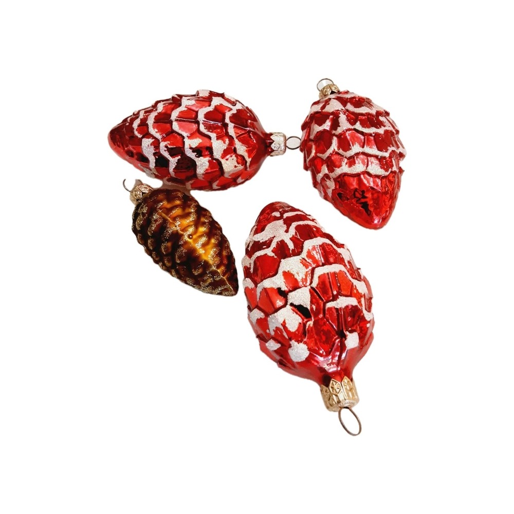 Vtg Glass Christmas Ornaments Red Brown Pinecones Lot Of 4